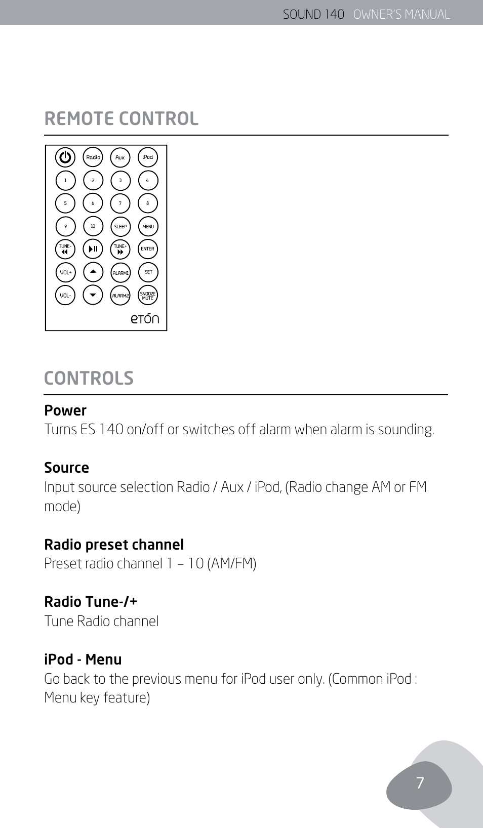 Remote control controls | Eton SOUND 140 User Manual | Page 7 / 74