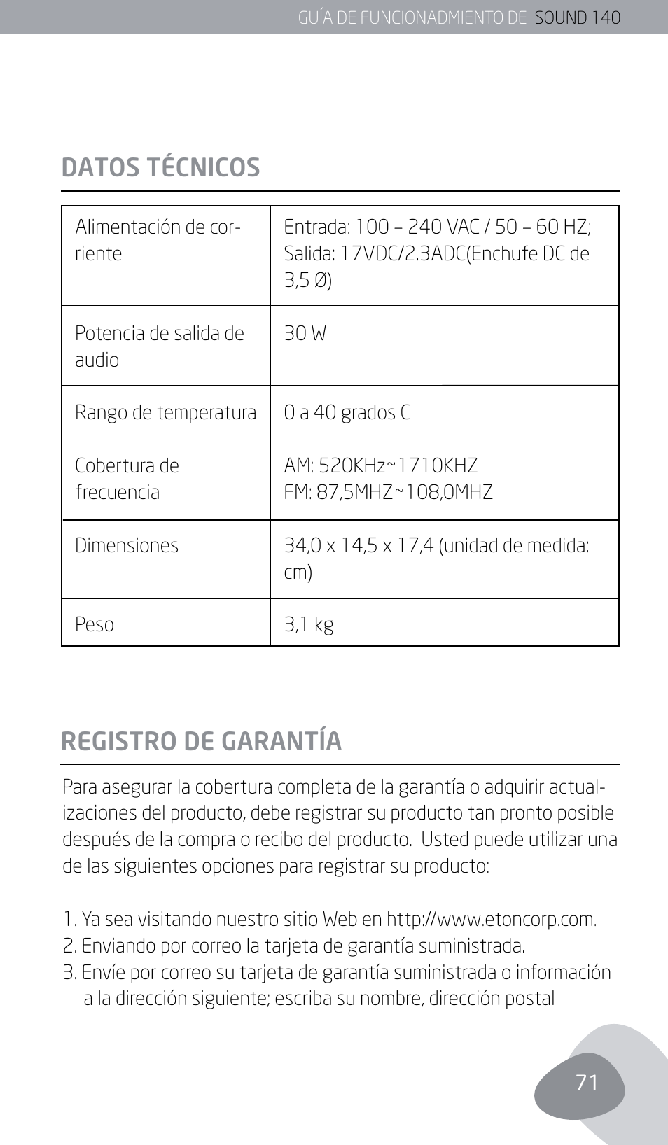 Datos técnicos, Registro de garantía | Eton SOUND 140 User Manual | Page 71 / 74