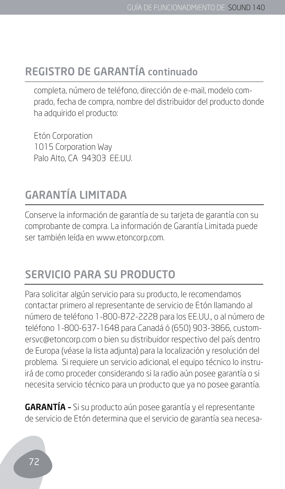 Registro de garantía, Garantía limitada servicio para su producto | Eton SOUND 140 User Manual | Page 72 / 74