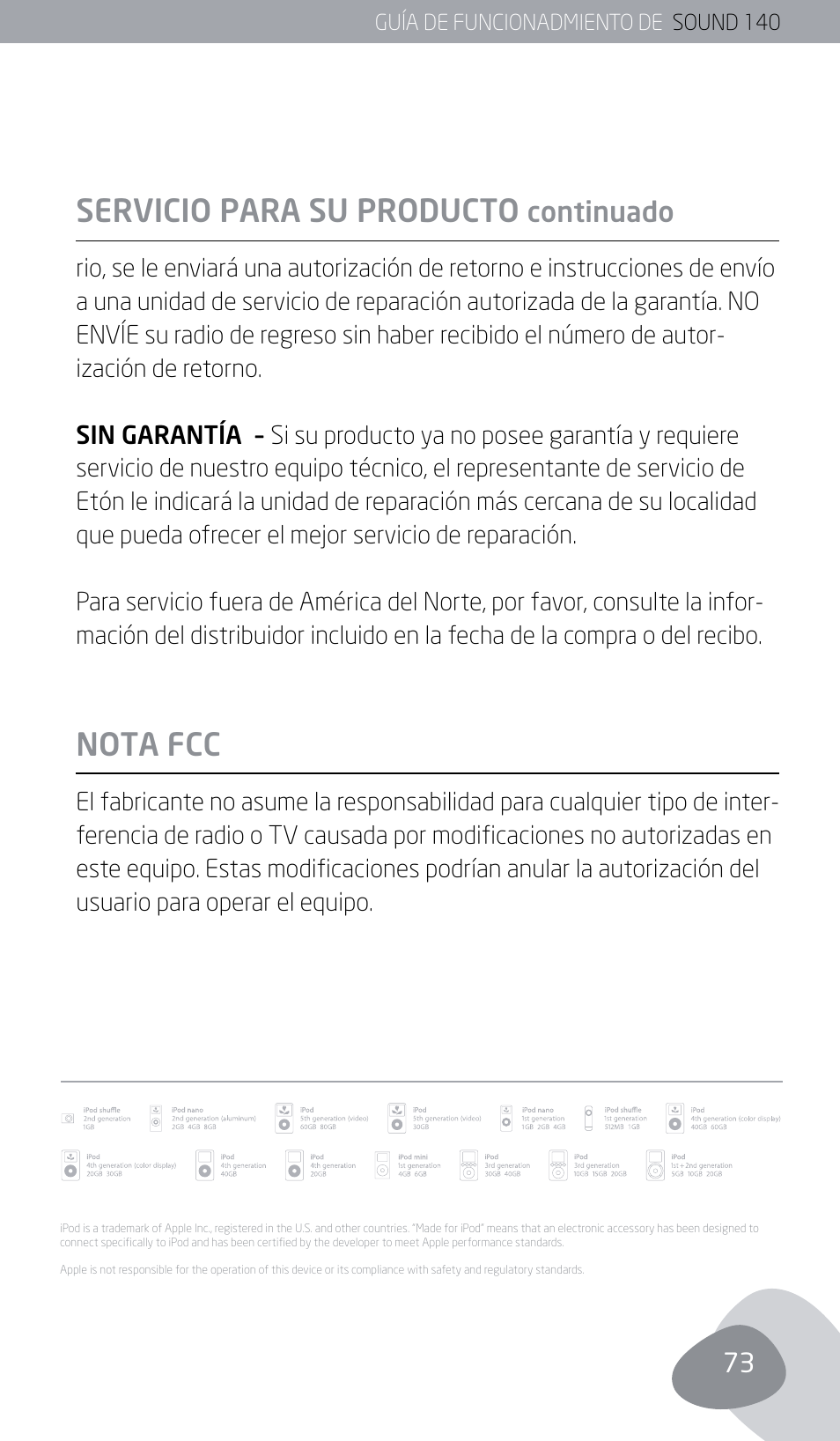 Servicio para su producto, Nota fcc, Continuado | Eton SOUND 140 User Manual | Page 73 / 74