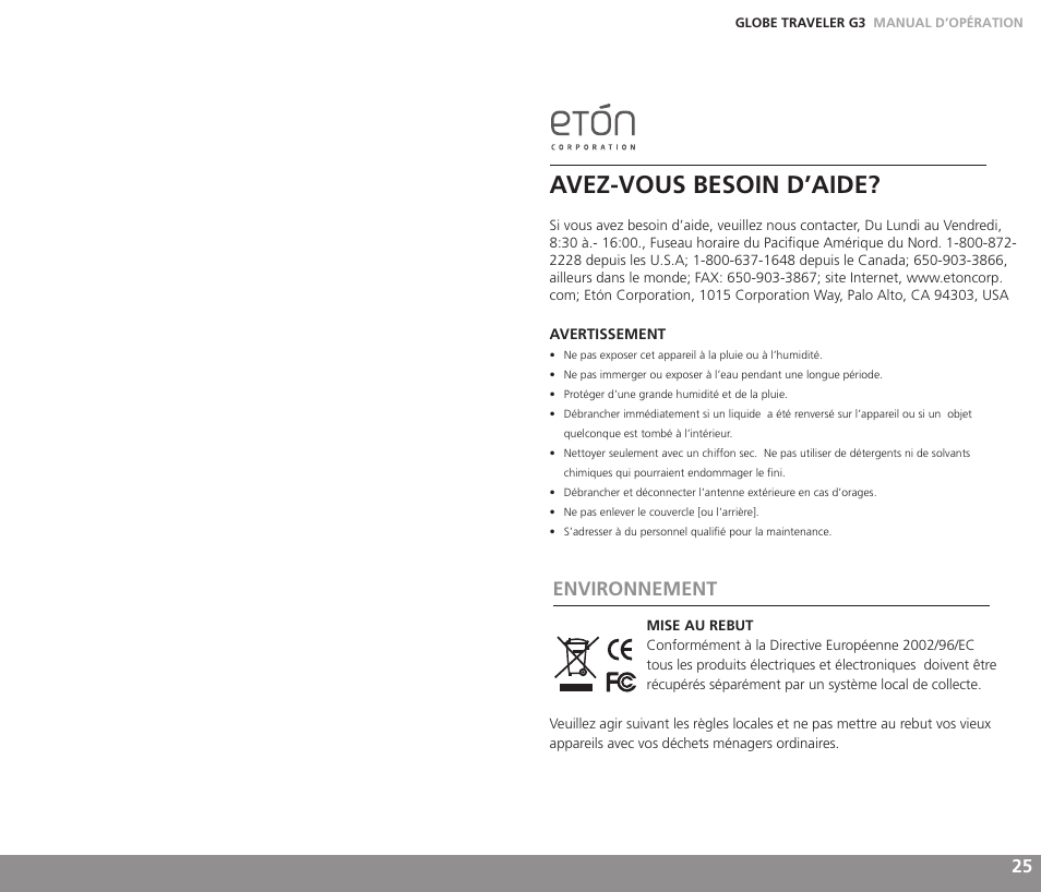 Avez-vous besoin d’aide, Environnement | Eton GLOBE TRAVELER G3 User Manual | Page 13 / 37