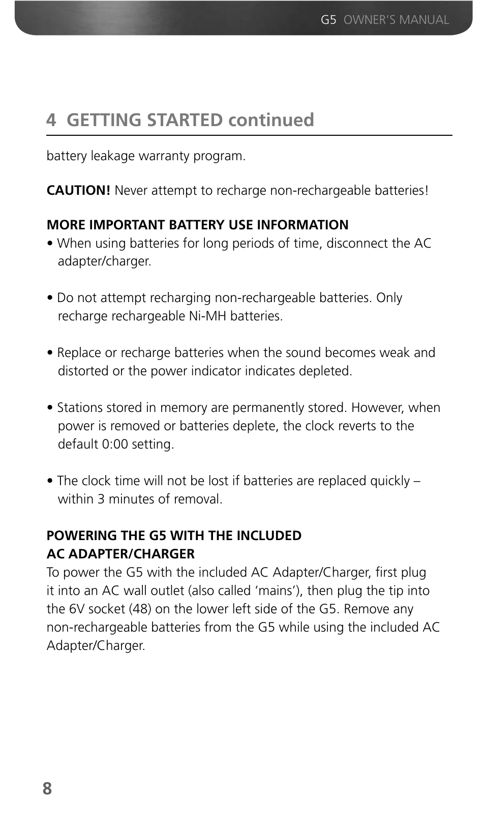 4 getting started continued | Eton Grundig G5 User Manual | Page 10 / 43