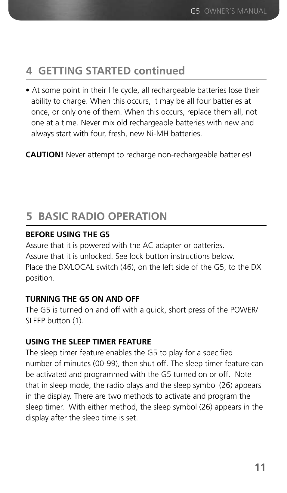 4 getting started continued, 5 basic radio operation | Eton Grundig G5 User Manual | Page 13 / 43