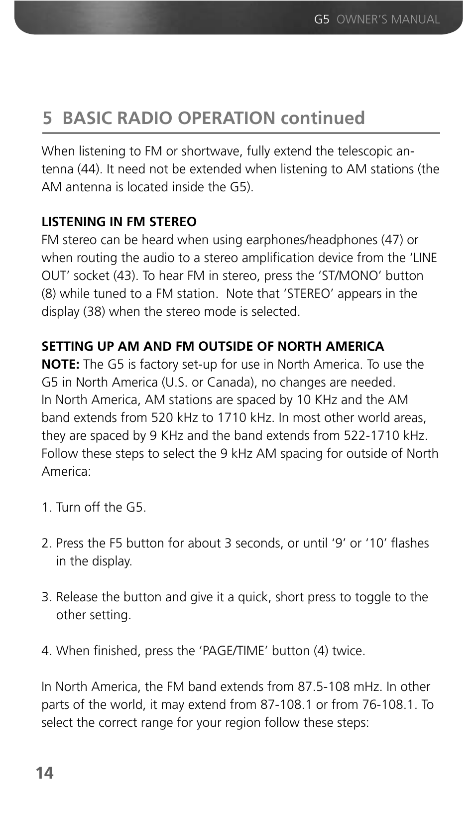 5 basic radio operation continued | Eton Grundig G5 User Manual | Page 16 / 43