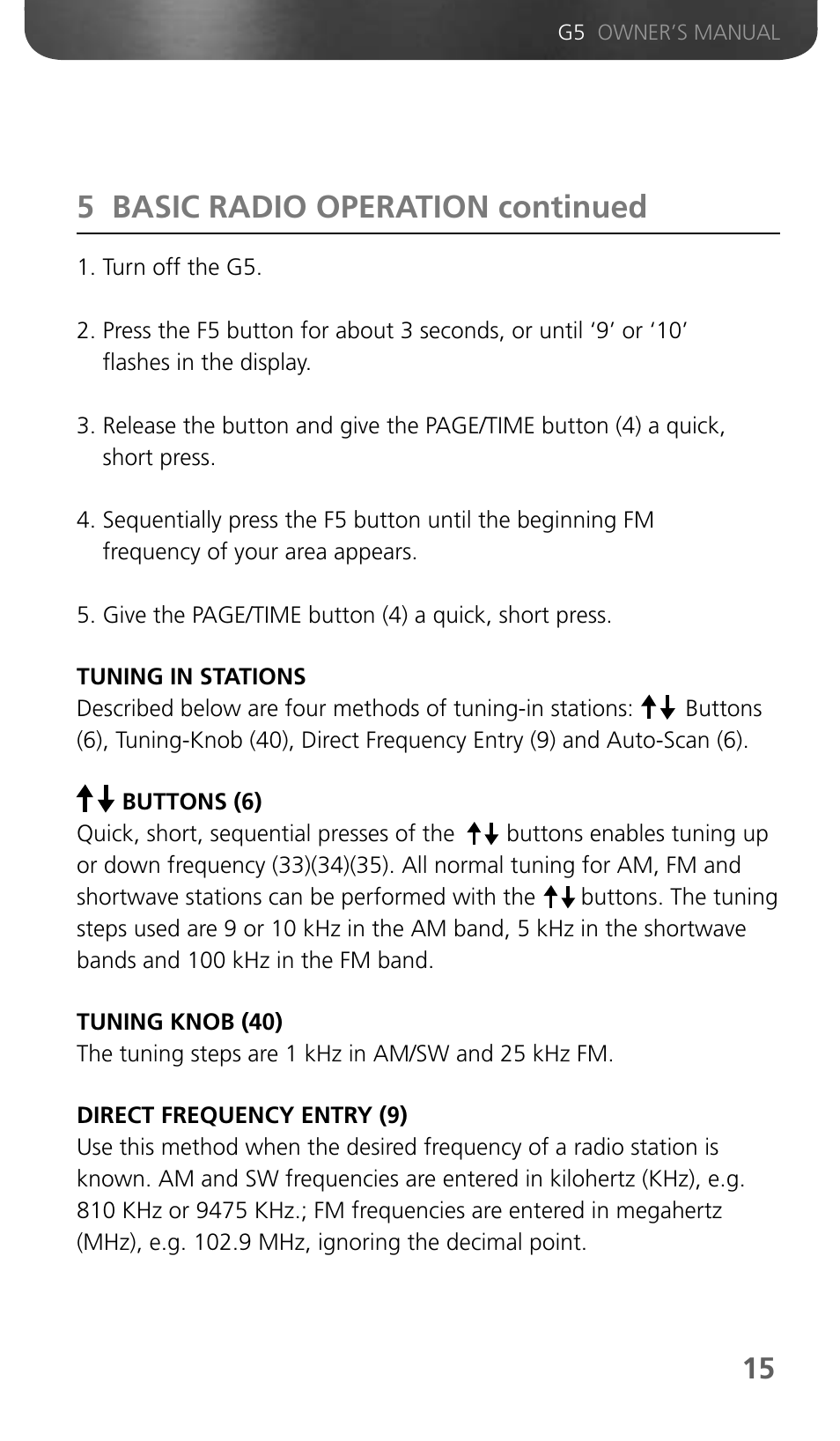 5 basic radio operation continued | Eton Grundig G5 User Manual | Page 17 / 43