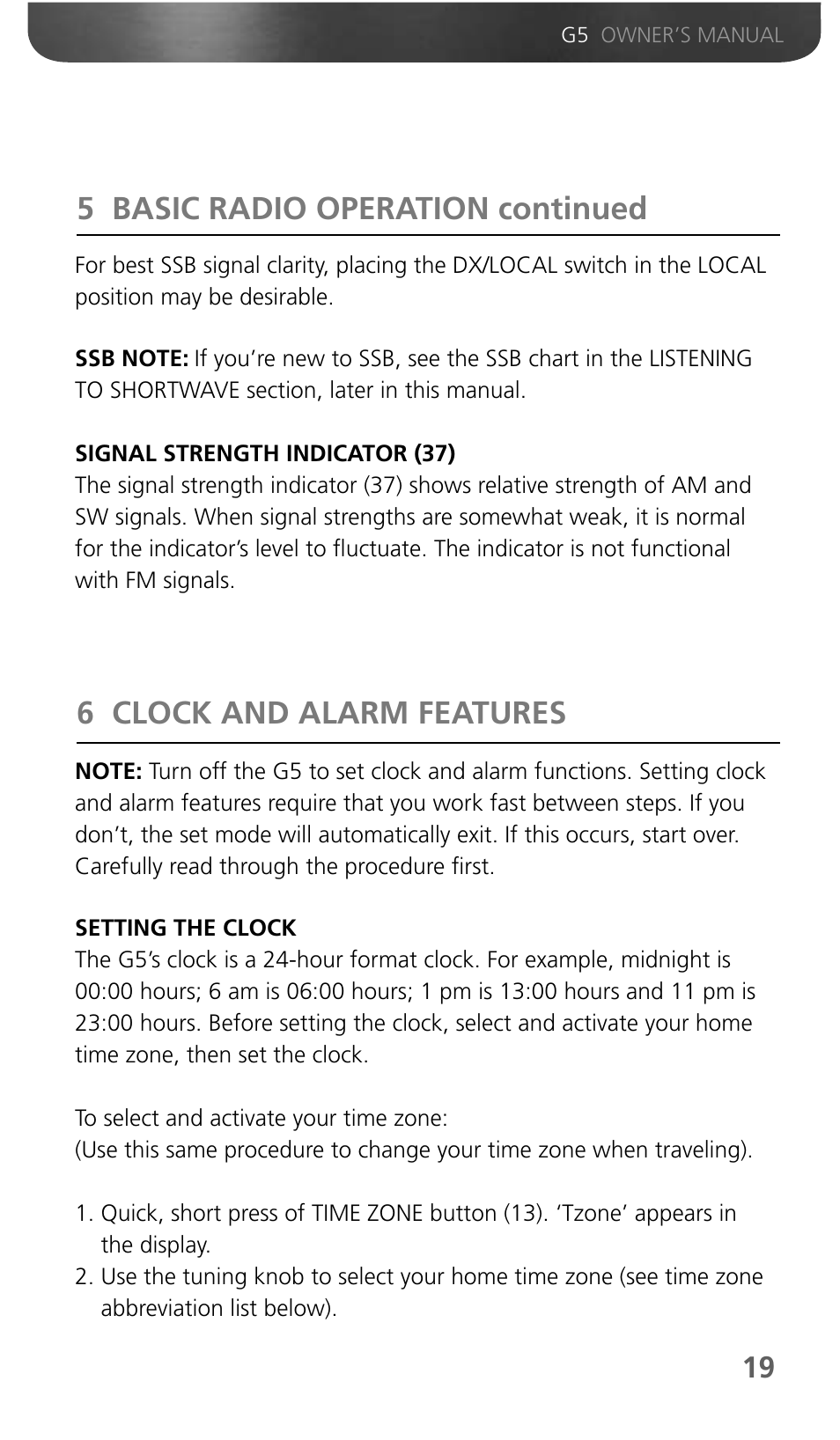5 basic radio operation continued, 6 clock and alarm features | Eton Grundig G5 User Manual | Page 21 / 43