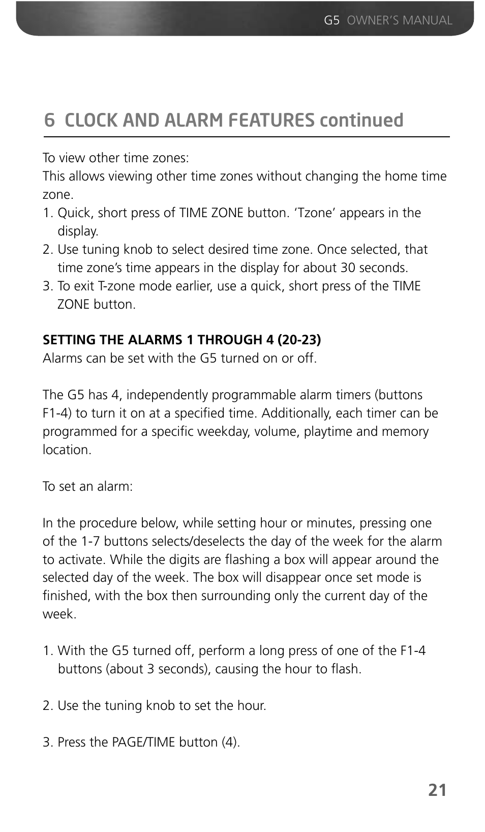 6 clock and alarm features continued | Eton Grundig G5 User Manual | Page 23 / 43