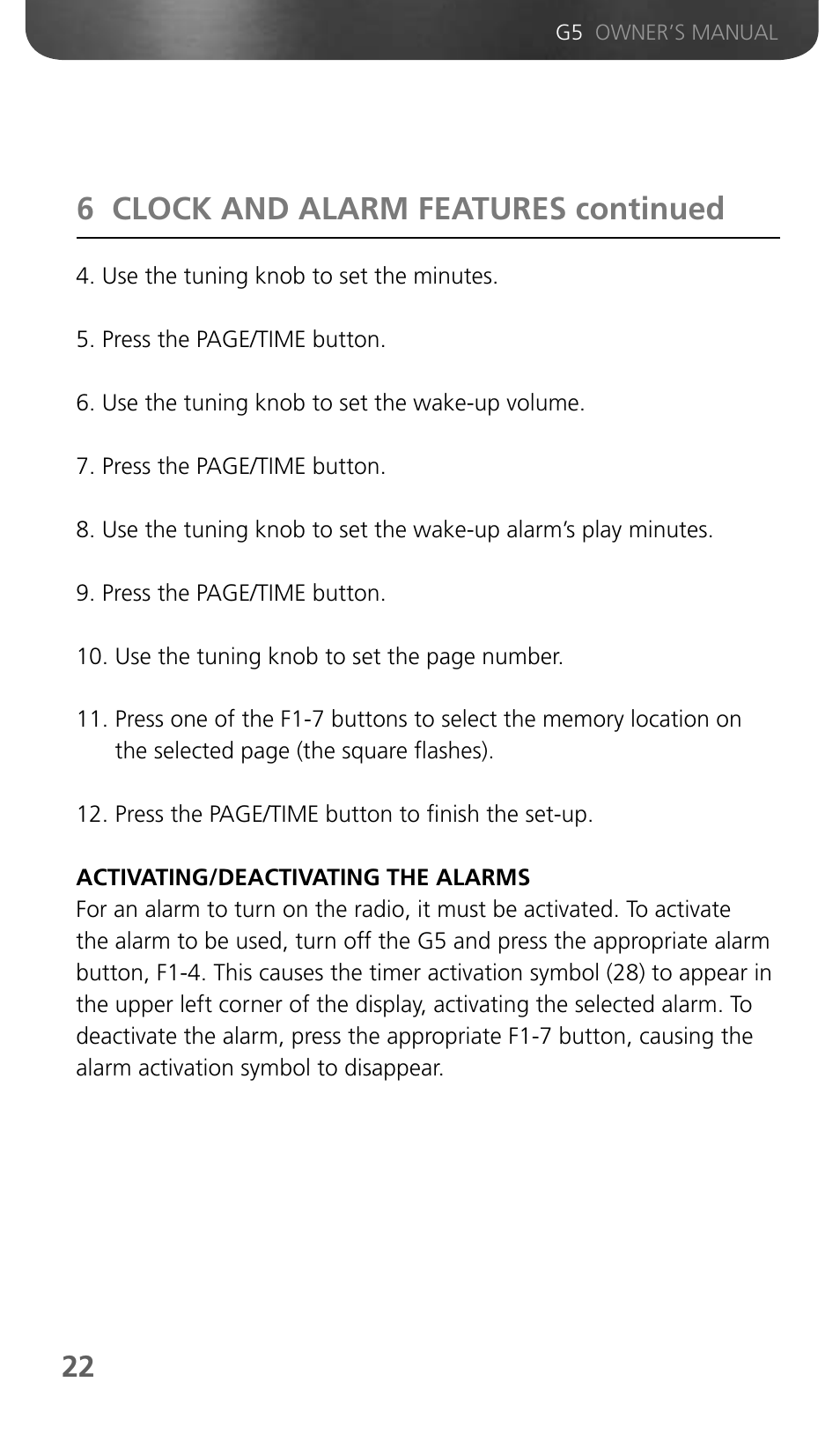 6 clock and alarm features continued | Eton Grundig G5 User Manual | Page 24 / 43