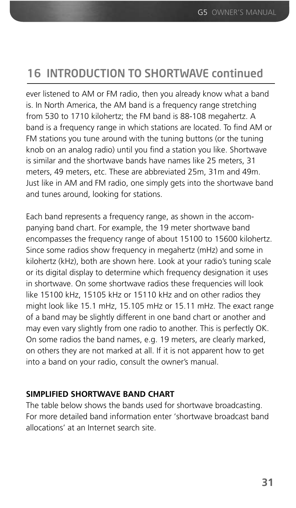 16 introduction to shortwave continued | Eton Grundig G5 User Manual | Page 33 / 43