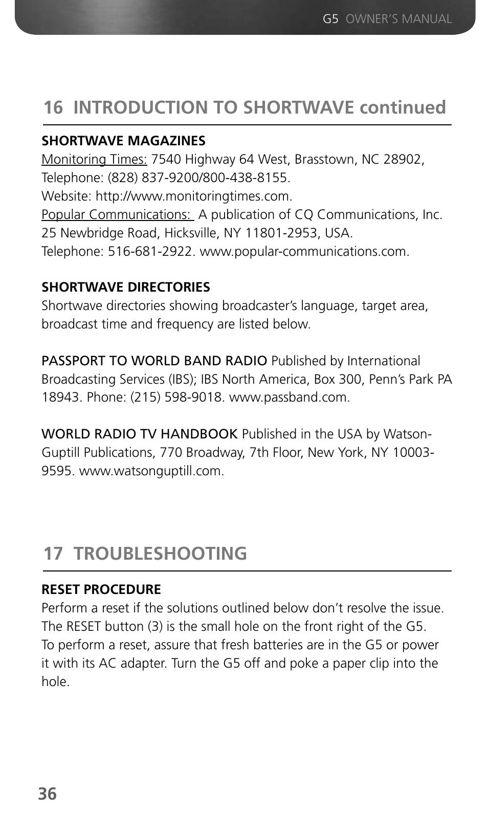 16 introduction to shortwave continued, 17 troubleshooting | Eton Grundig G5 User Manual | Page 38 / 43