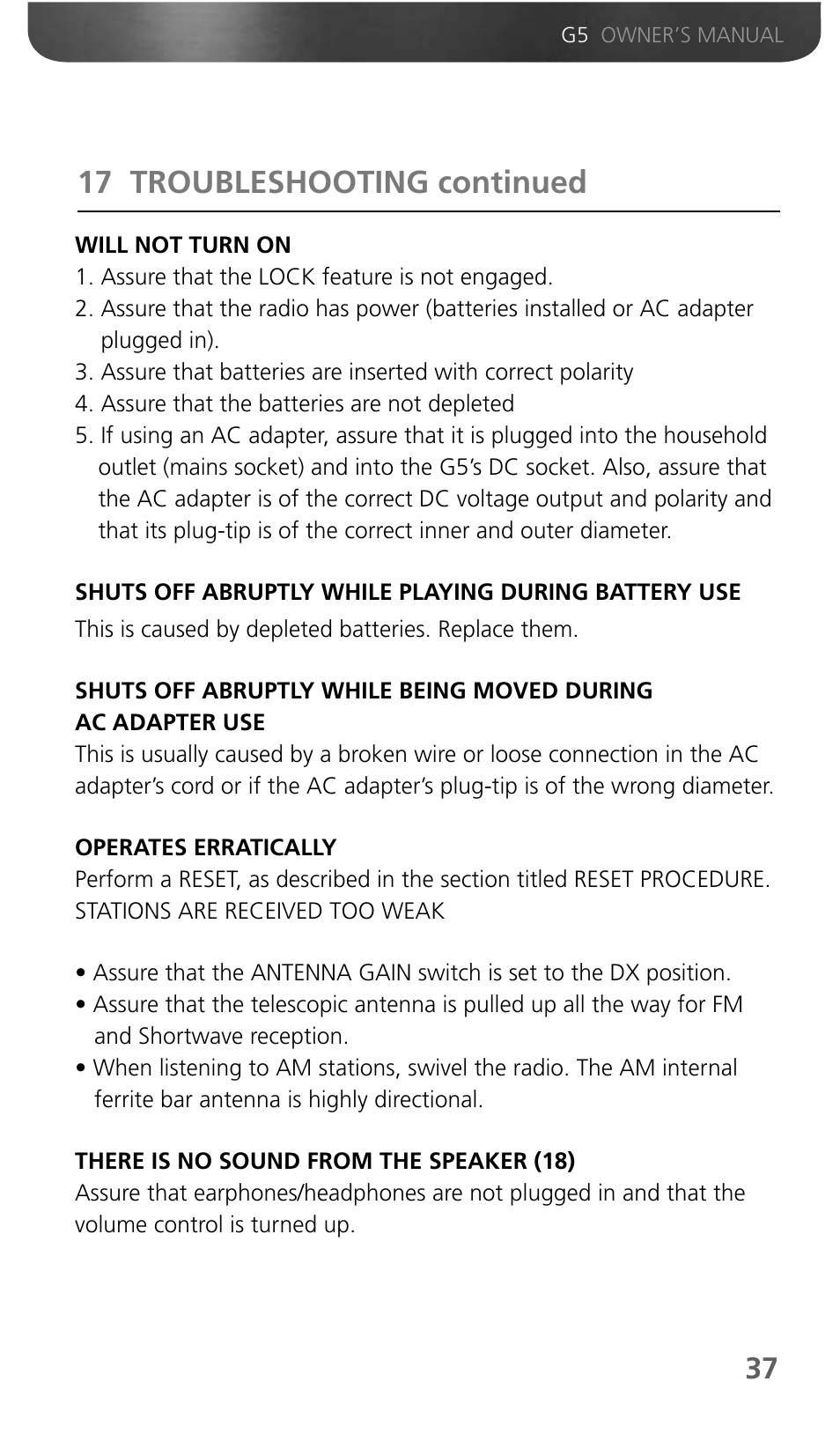 17 troubleshooting continued | Eton Grundig G5 User Manual | Page 39 / 43