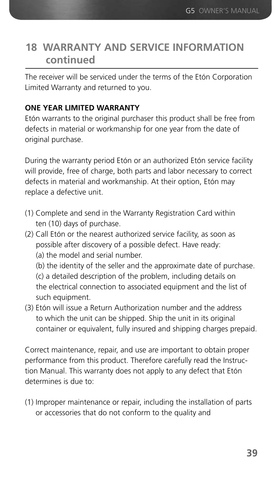 18 warranty and service information continued | Eton Grundig G5 User Manual | Page 41 / 43