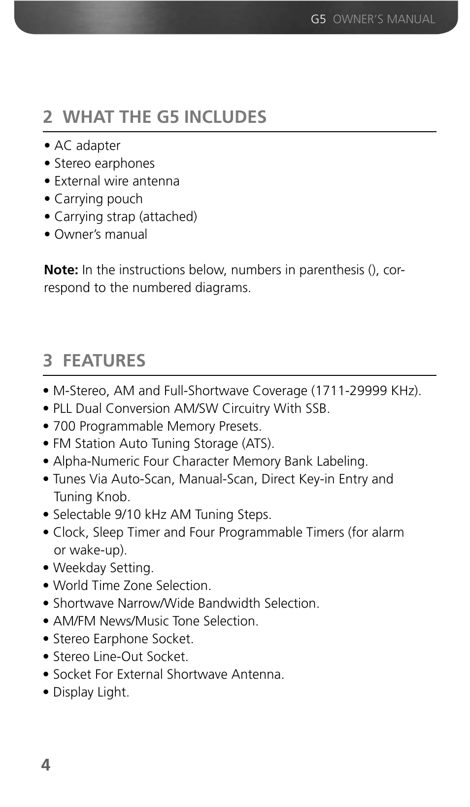 2 what the g5 includes, 3 features | Eton Grundig G5 User Manual | Page 6 / 43