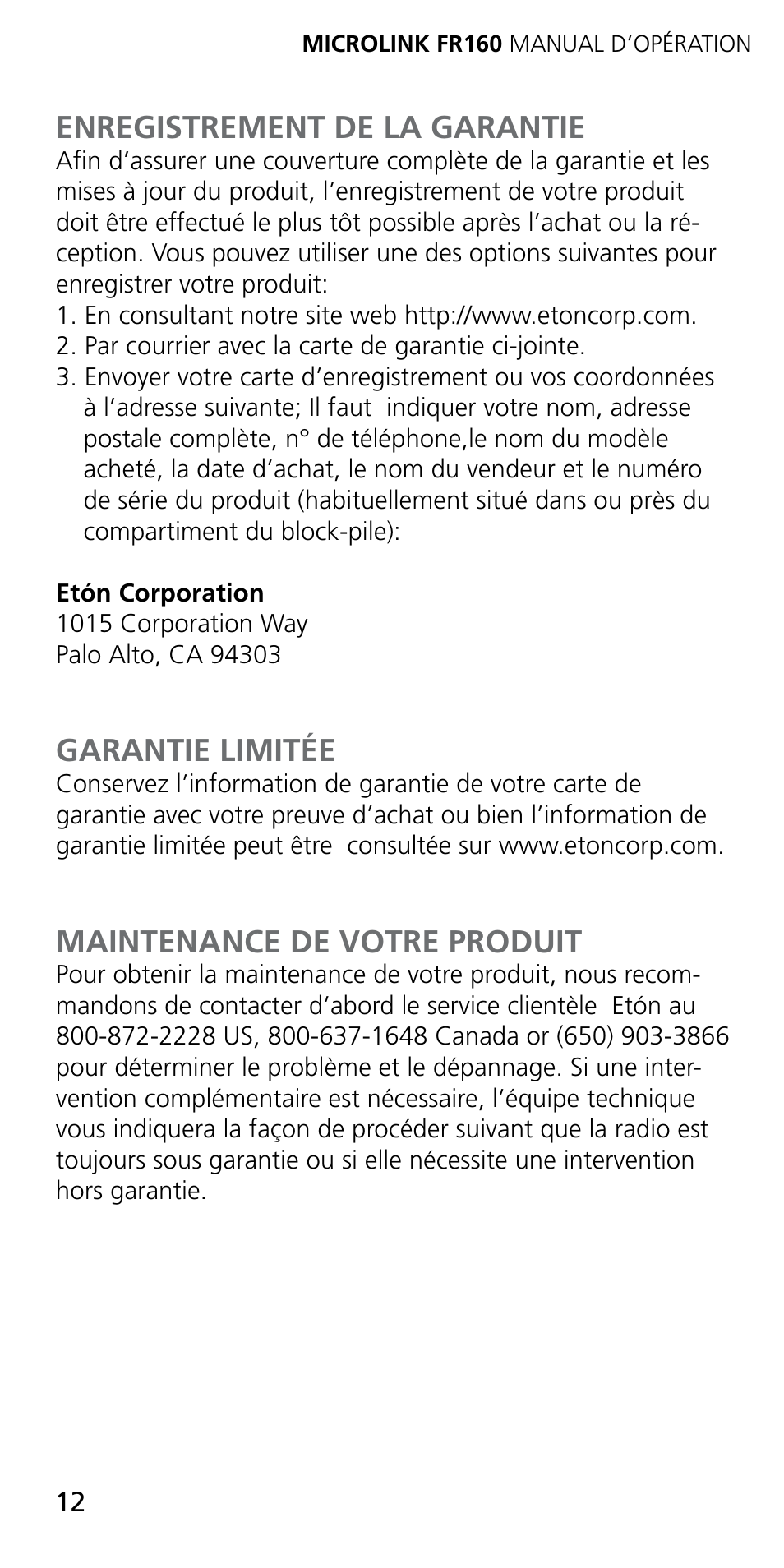 Enregistrement de la garantie, Garantie limitée, Maintenance de votre produit | Eton MICROLINK FR160 User Manual | Page 12 / 20