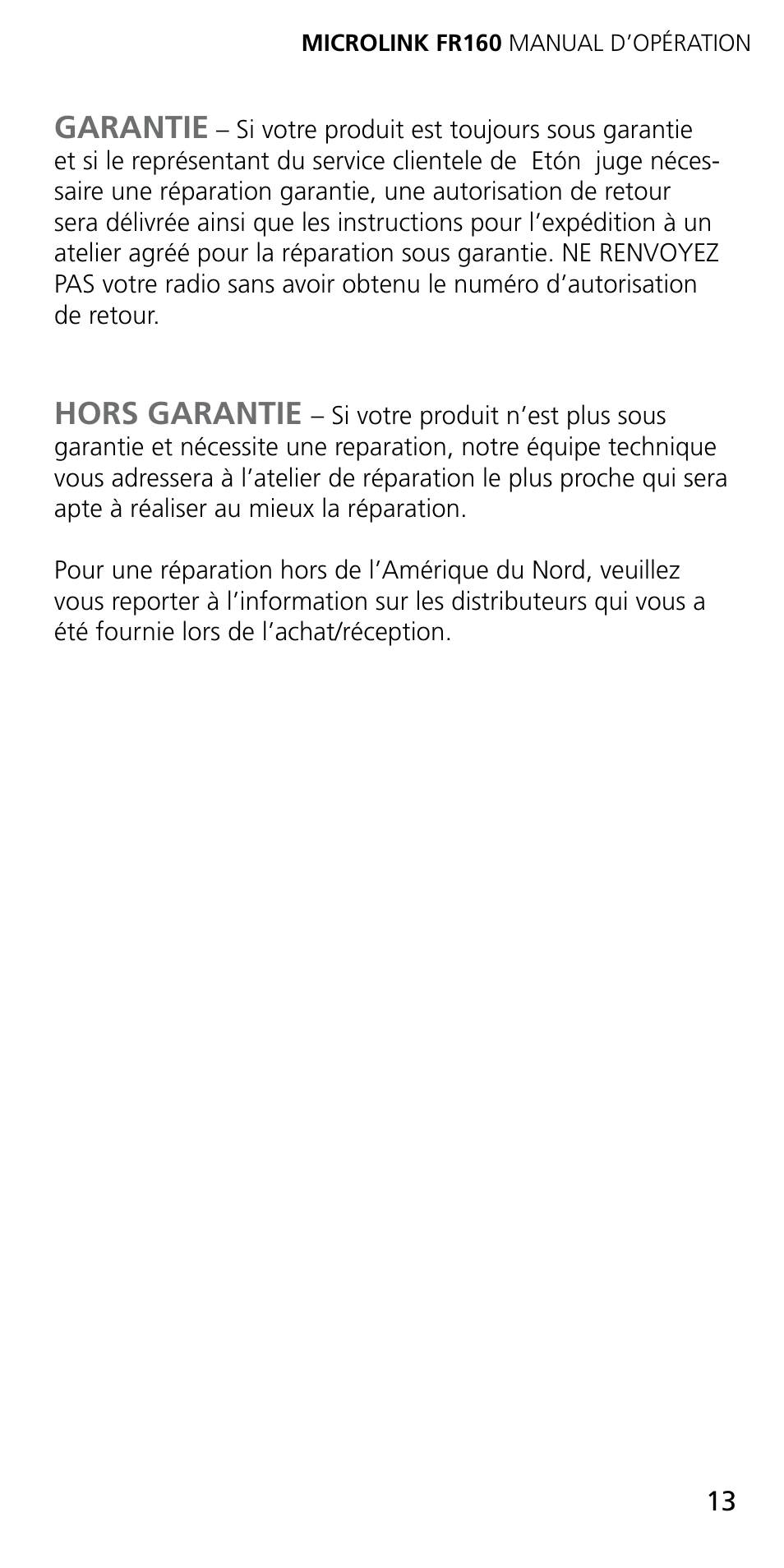 Garantie, Hors garantie | Eton MICROLINK FR160 User Manual | Page 13 / 20