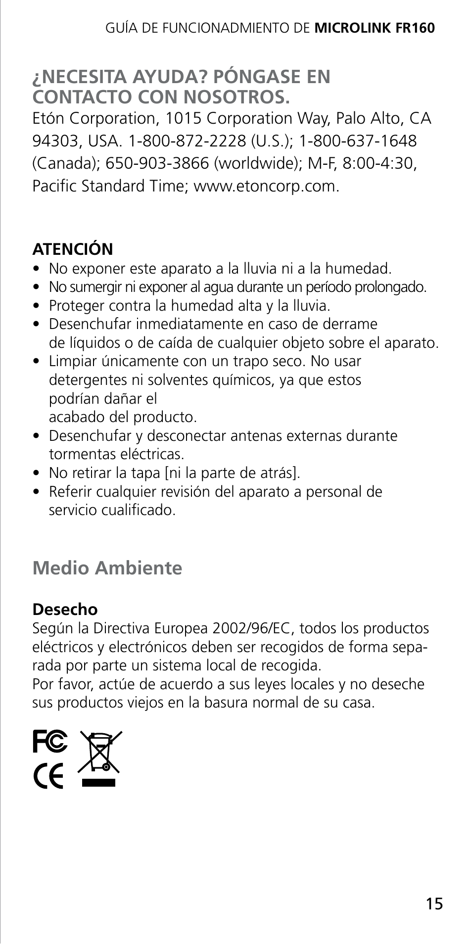 Necesita ayuda? póngase en contacto con nosotros, Medio ambiente | Eton MICROLINK FR160 User Manual | Page 15 / 20