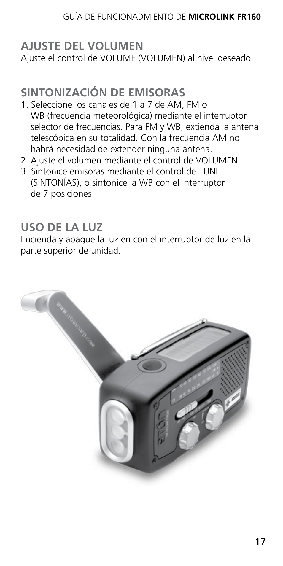 Ajuste del volumen, Sintonización de emisoras, Uso de la luz | Eton MICROLINK FR160 User Manual | Page 17 / 20