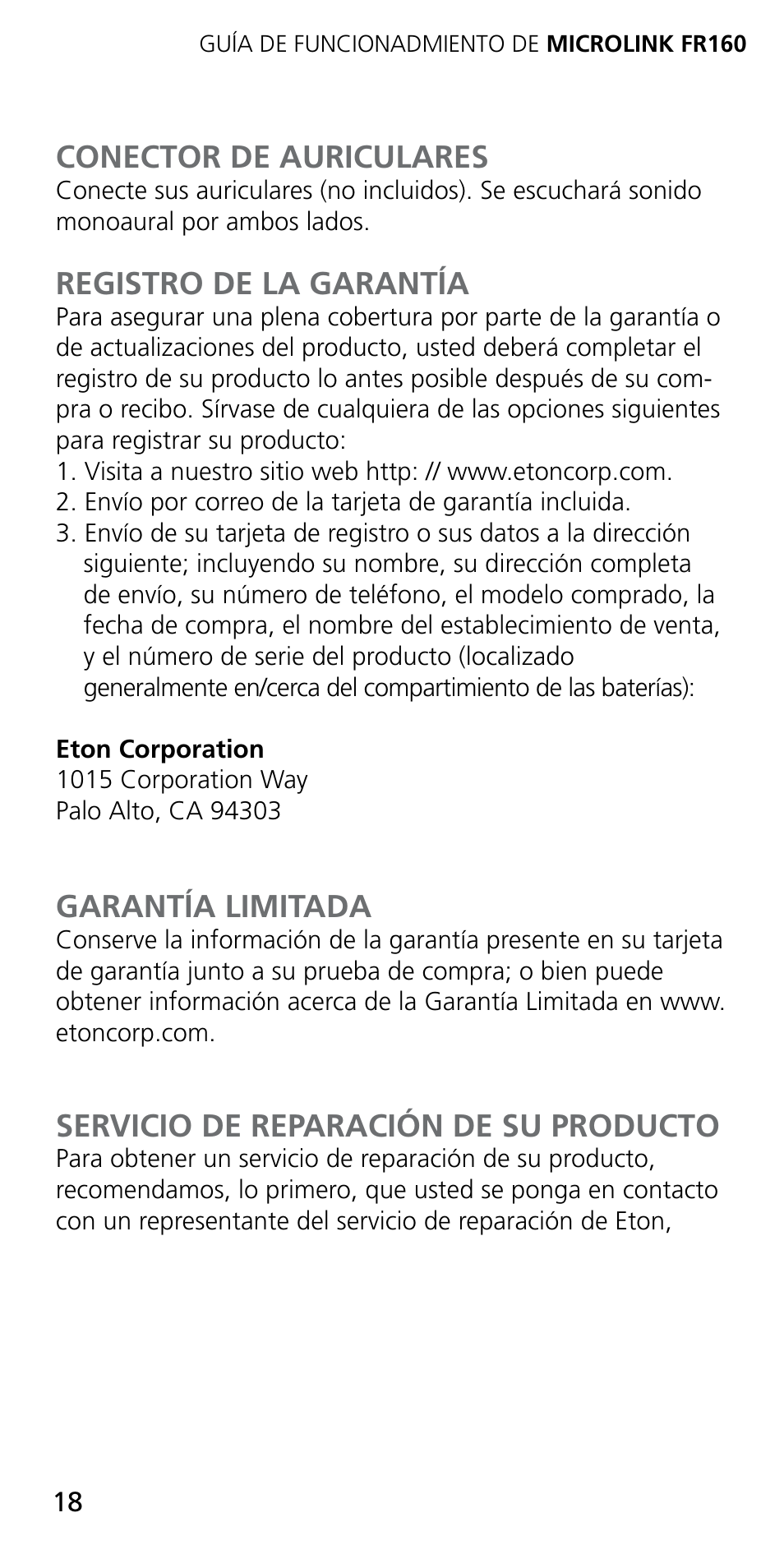 Conector de auriculares, Registro de la garantía, Garantía limitada | Servicio de reparación de su producto | Eton MICROLINK FR160 User Manual | Page 18 / 20