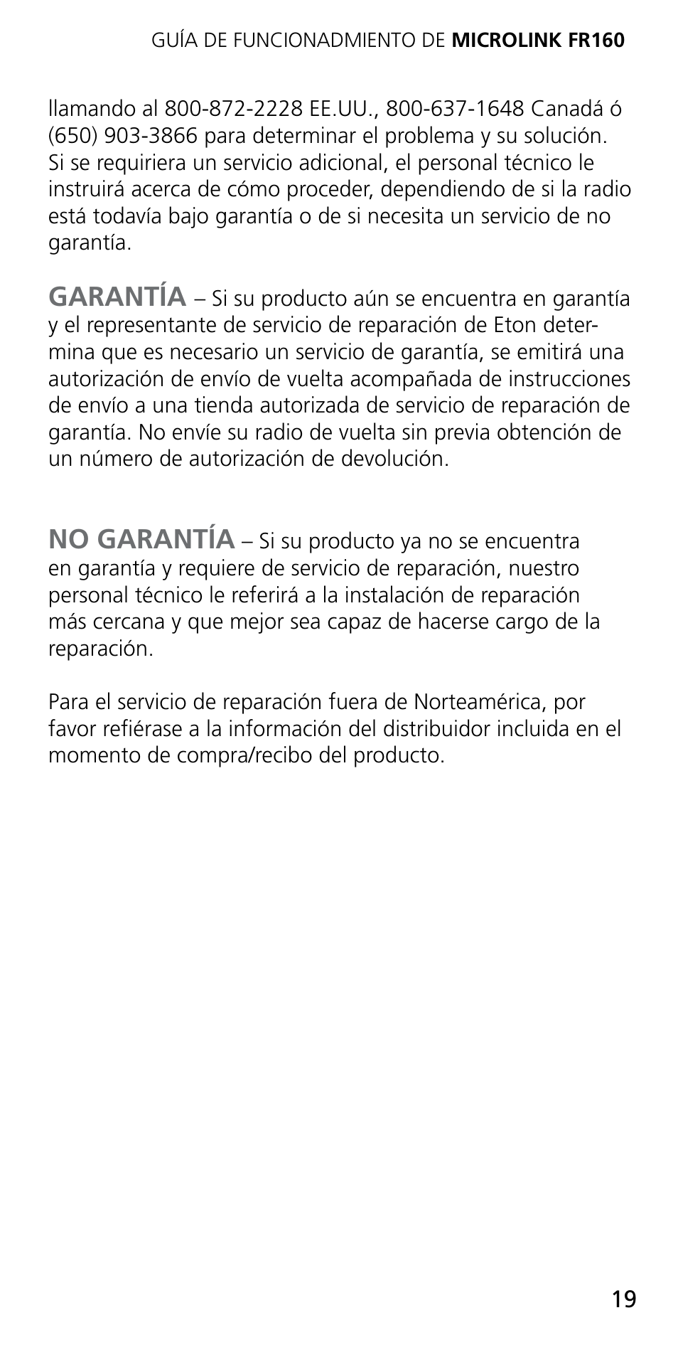 Garantía, No garantía | Eton MICROLINK FR160 User Manual | Page 19 / 20