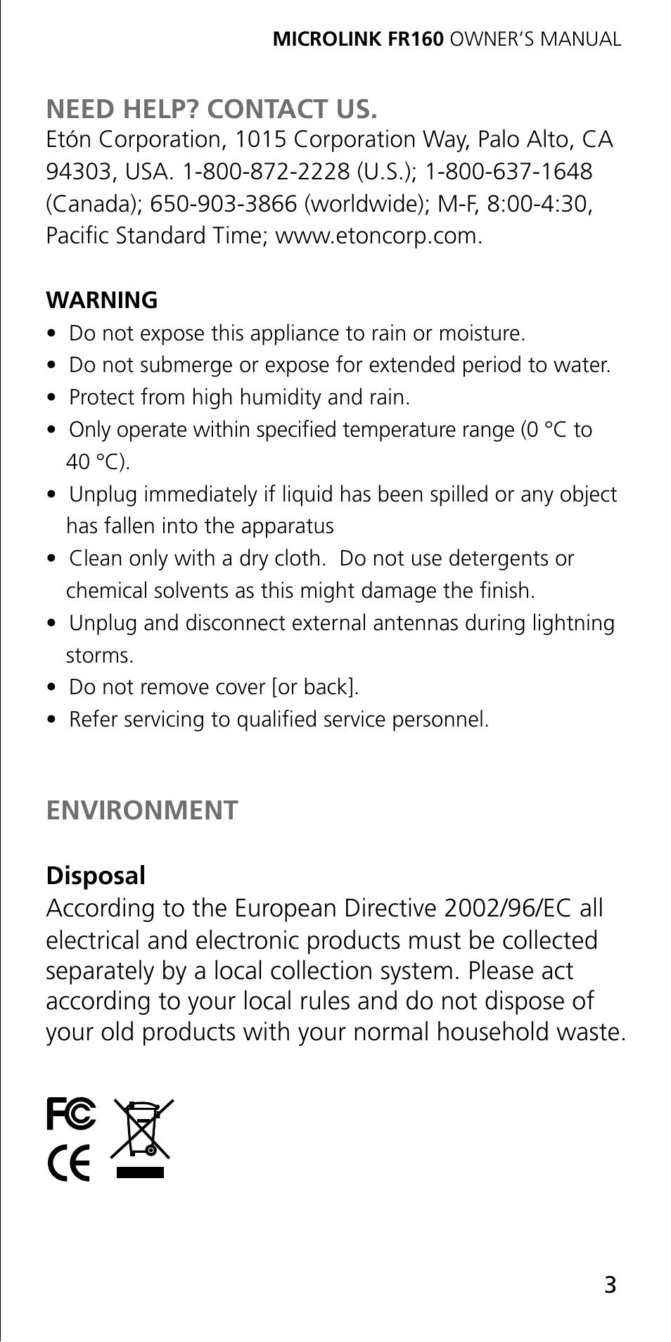 Need help? contact us, Environment | Eton MICROLINK FR160 User Manual | Page 3 / 20