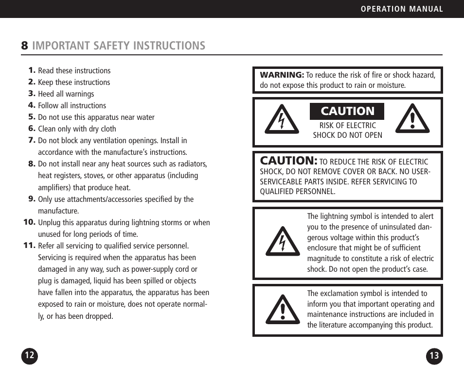 8important safety instructions, Caution | Eton FR100 User Manual | Page 7 / 8