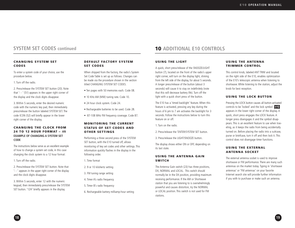 10 additional e10 controls, System set codes, Continued | Eton Elite E10 User Manual | Page 10 / 80