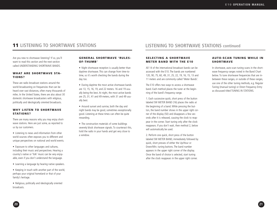 Listening to shortwave stations, 11 listening to shortwave stations, Continued | Eton Elite E10 User Manual | Page 11 / 80