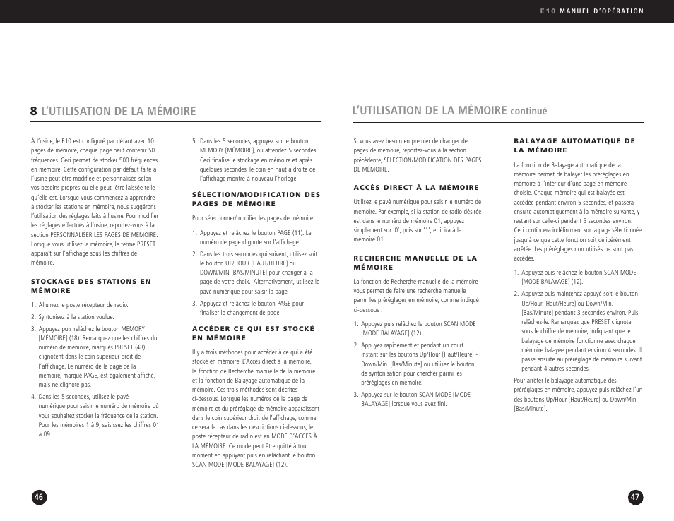 L’utilisation de la mémoire, 8l’utilisation de la mémoire, Continué | Eton Elite E10 User Manual | Page 24 / 80