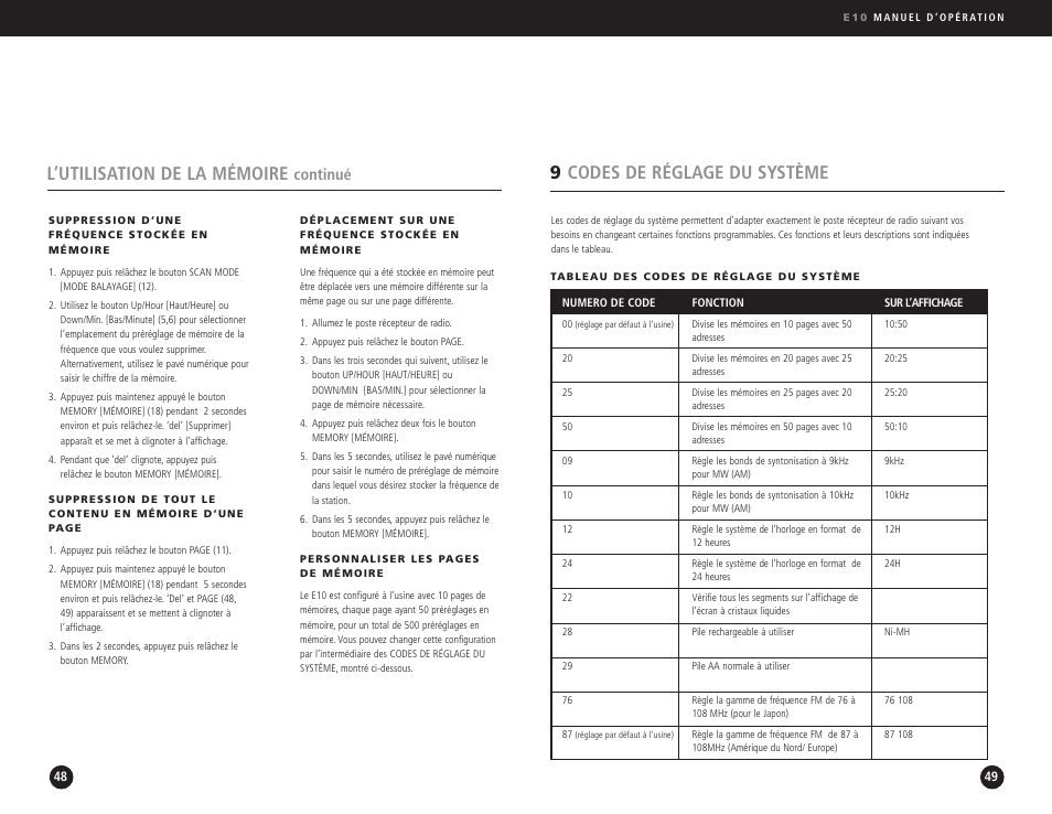 9codes de réglage du système, L’utilisation de la mémoire, Continué | Eton Elite E10 User Manual | Page 25 / 80
