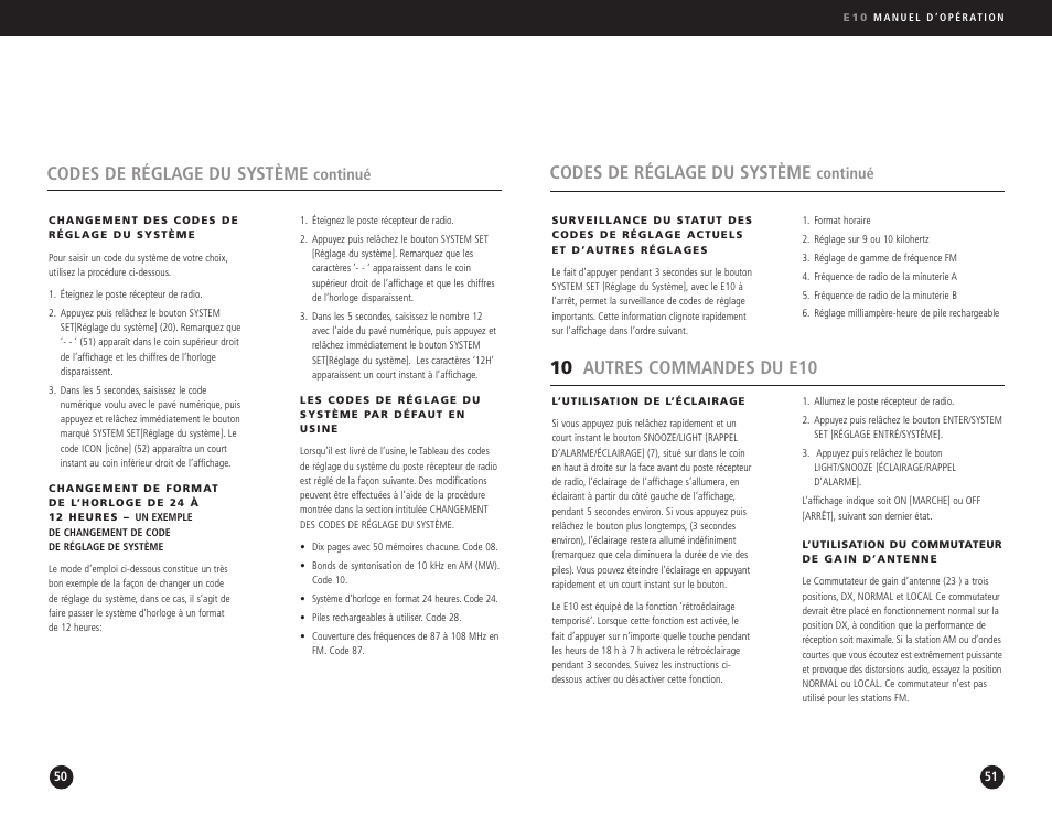 Codes de réglage du système, 10 autres commandes du e10, Continué | Eton Elite E10 User Manual | Page 26 / 80