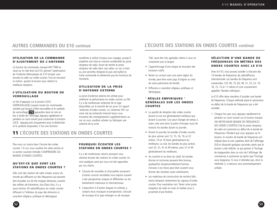 L’écoute des stations en ondes courtes, Autres commandes du e10, 11 l’écoute des stations en ondes courtes | Continué | Eton Elite E10 User Manual | Page 27 / 80
