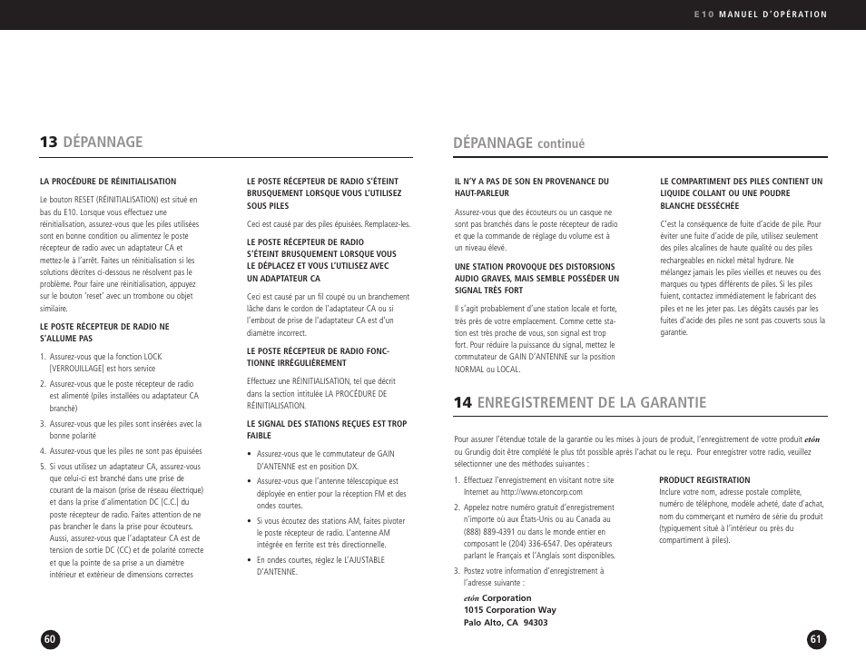 13 dépannage, Dépannage, 14 enregistrement de la garantie | Continué | Eton Elite E10 User Manual | Page 31 / 80