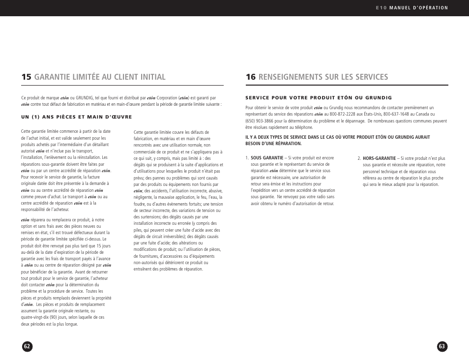 15 garantie limitée au client initial, 16 renseignements sur les services | Eton Elite E10 User Manual | Page 32 / 80