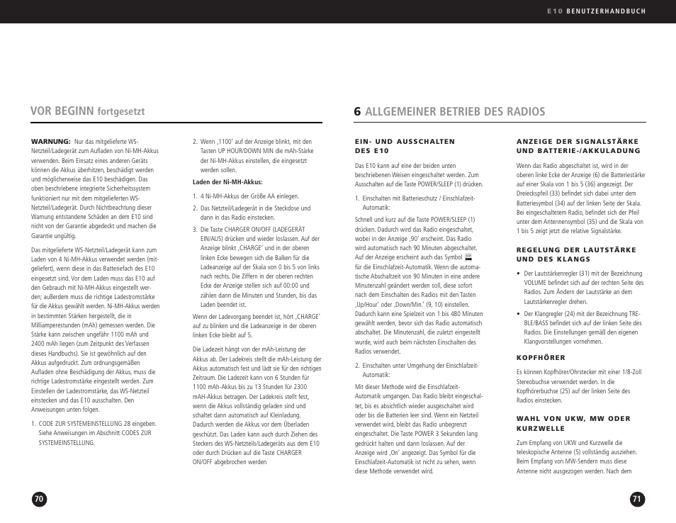 6allgemeiner betrieb des radios, Vor beginn, Fortgesetzt | Eton Elite E10 User Manual | Page 36 / 80