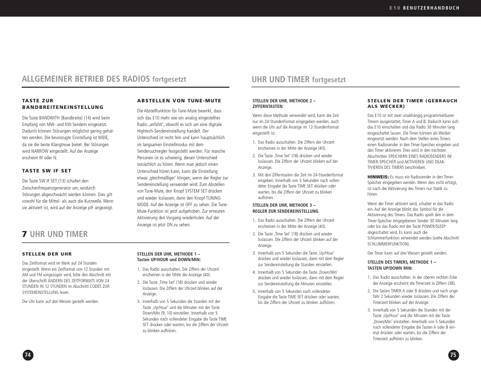 Uhr und timer, Allgemeiner betrieb des radios, 7uhr und timer | Fortgesetzt | Eton Elite E10 User Manual | Page 38 / 80
