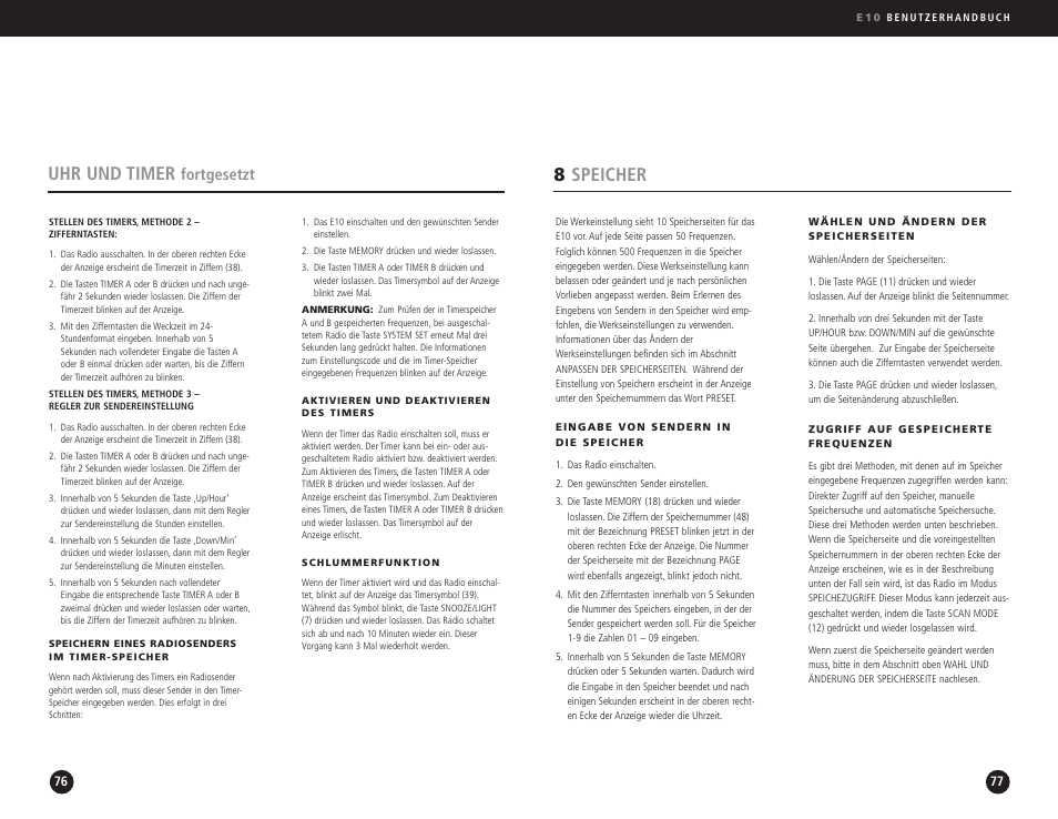8speicher, Uhr und timer, Fortgesetzt | Eton Elite E10 User Manual | Page 39 / 80