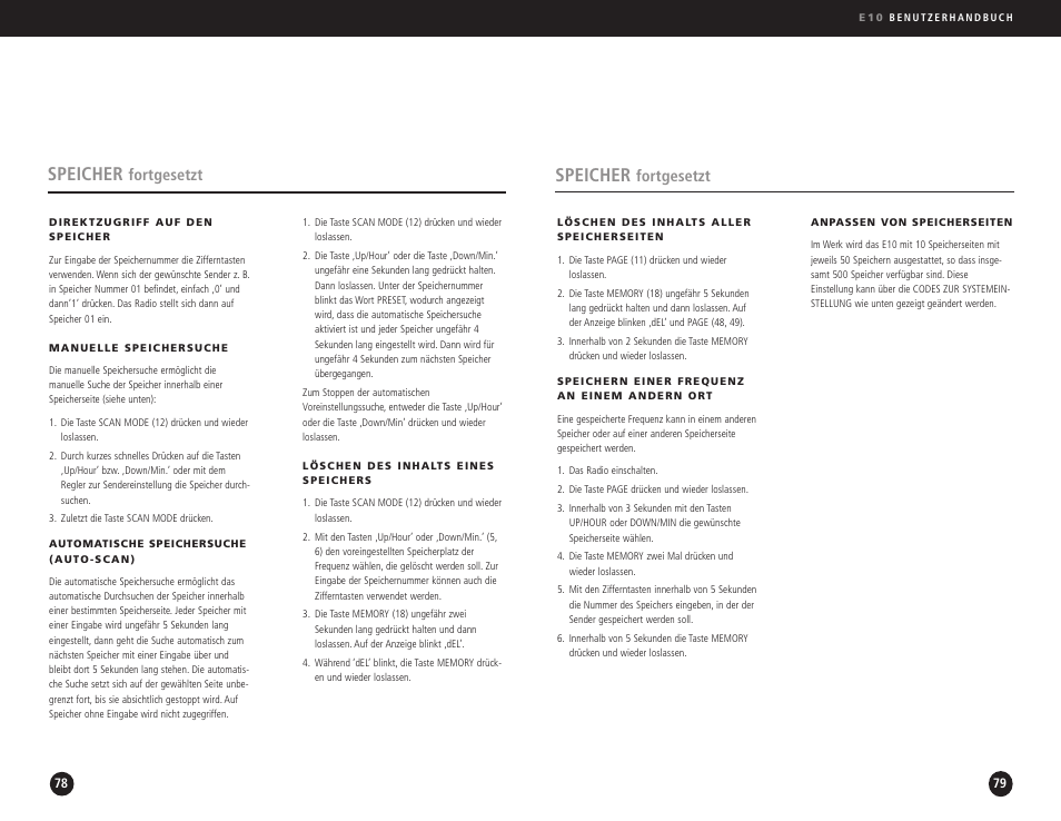 Speicher, Fortgesetzt | Eton Elite E10 User Manual | Page 40 / 80