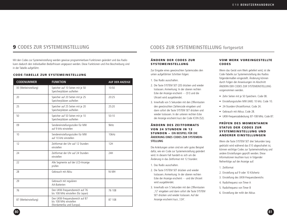 Codes zur systemeinstellung, 9codes zur systemeinstellung, Fortgesetzt | Eton Elite E10 User Manual | Page 41 / 80