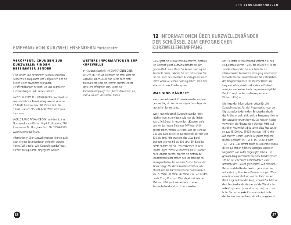 Empfang von kurzwellensendern | Eton Elite E10 User Manual | Page 44 / 80