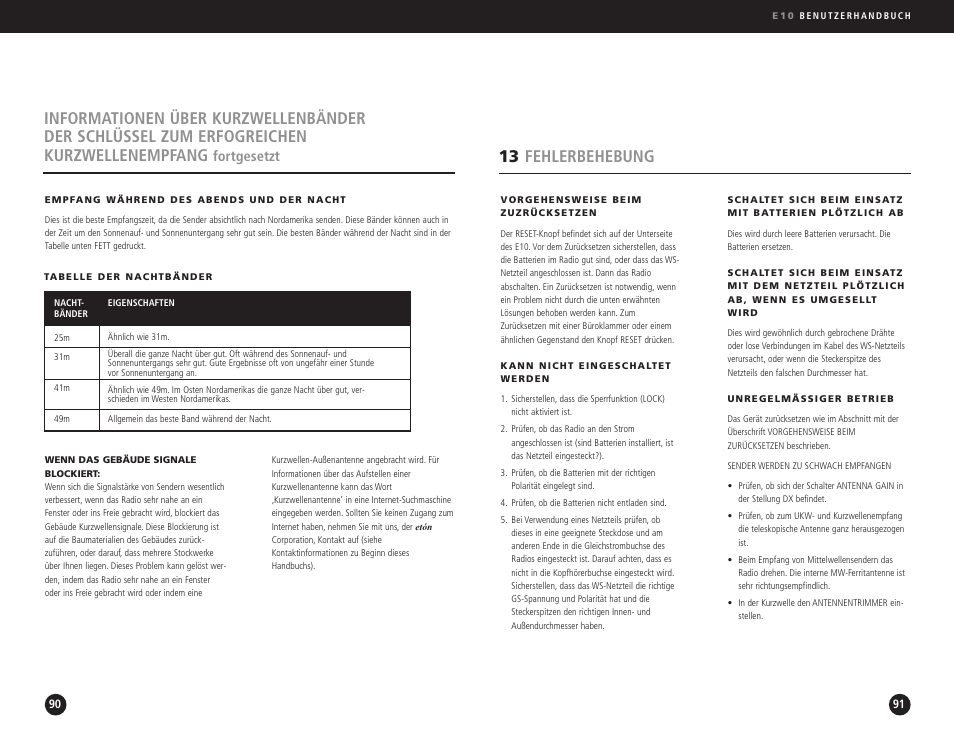 13 fehlerbehebung, Fortgesetzt | Eton Elite E10 User Manual | Page 46 / 80