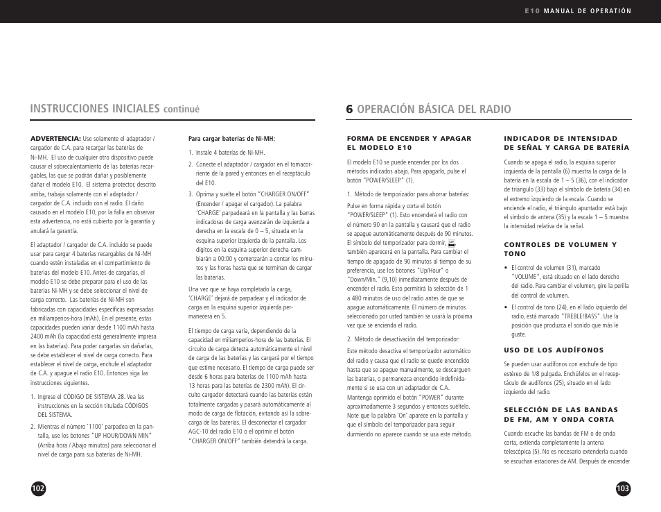 6operación básica del radio, Instrucciones iniciales, Continué | Eton Elite E10 User Manual | Page 52 / 80