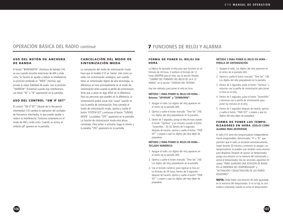 7funciones de reloj y alarma, Operación básica del radio, Continué | Eton Elite E10 User Manual | Page 54 / 80