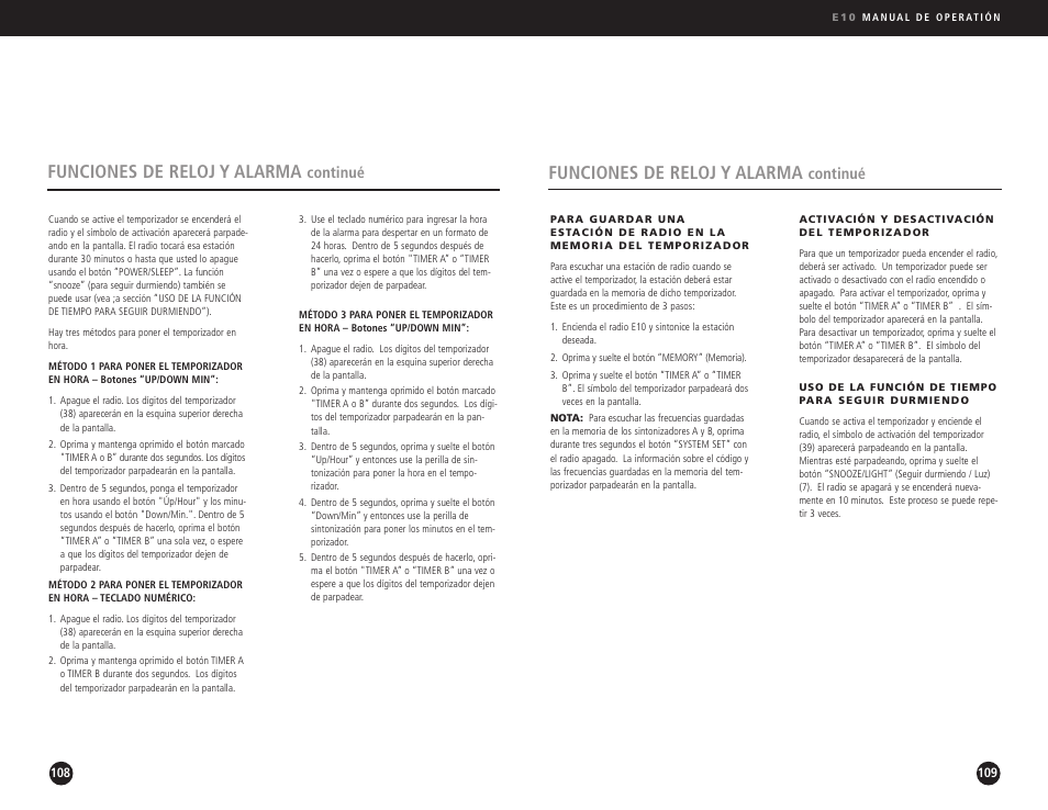 Funciones de reloj y alarma, Continué | Eton Elite E10 User Manual | Page 55 / 80