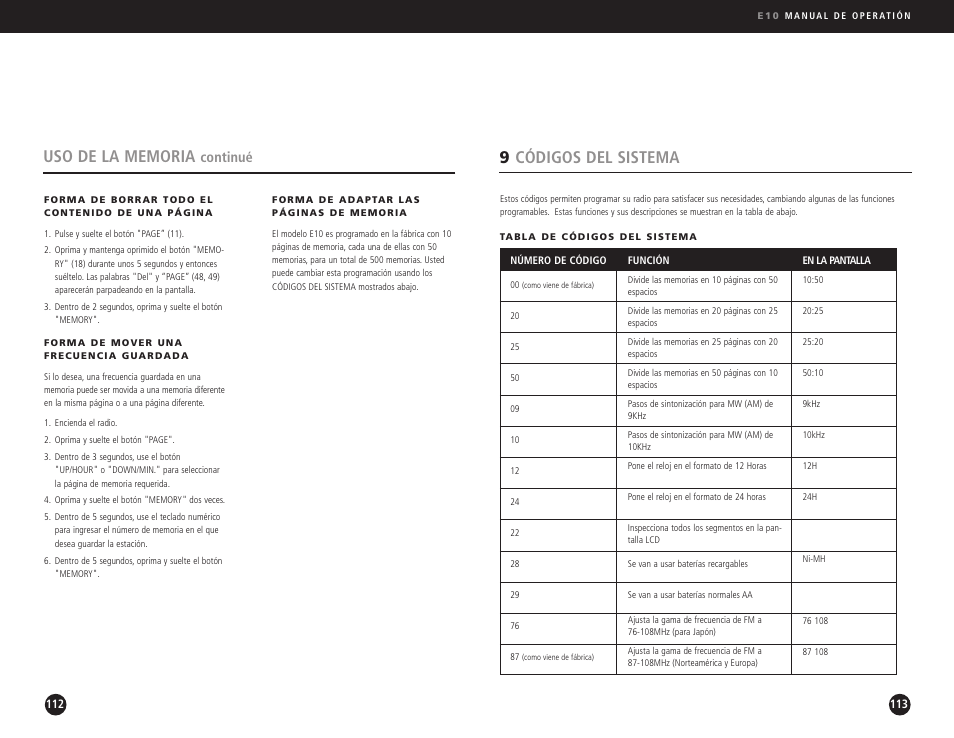 9códigos del sistema, Continué | Eton Elite E10 User Manual | Page 57 / 80