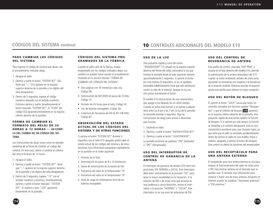 10 controles adicionales del modelo e10, Códigos del sistema, Continué | Eton Elite E10 User Manual | Page 58 / 80