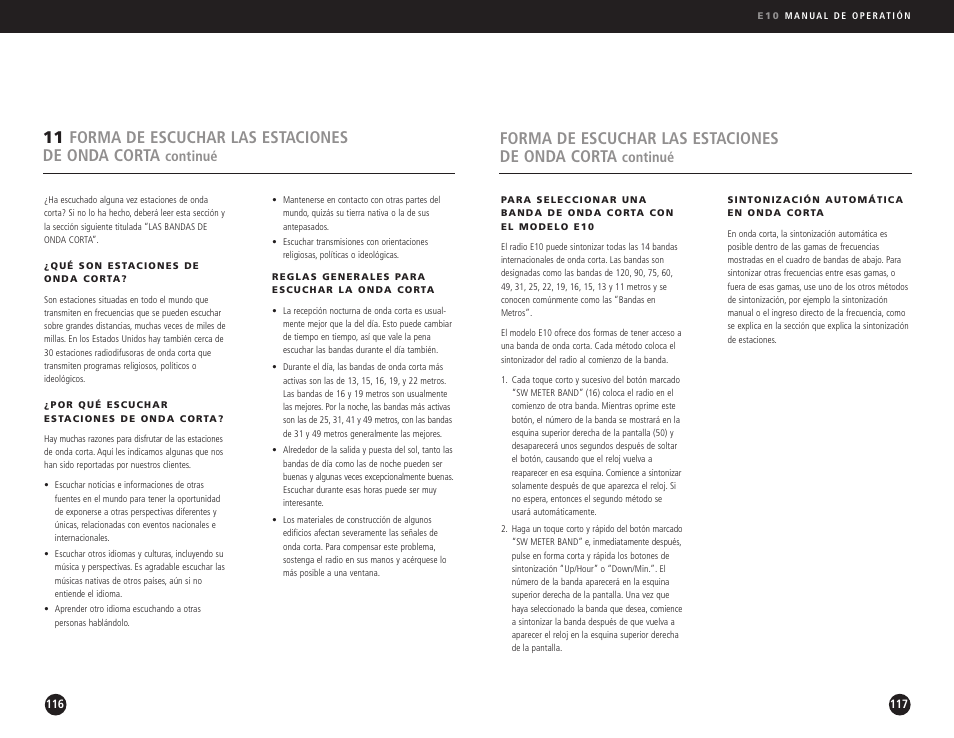Forma de escuchar las estaciones de onda corta, 11 forma de escuchar las estaciones de onda corta, Continué | Eton Elite E10 User Manual | Page 59 / 80