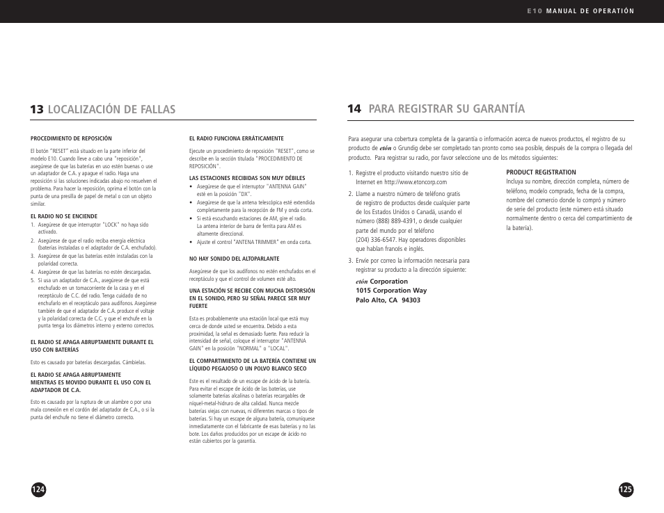 14 para registrar su garantía, 13 localización de fallas | Eton Elite E10 User Manual | Page 63 / 80