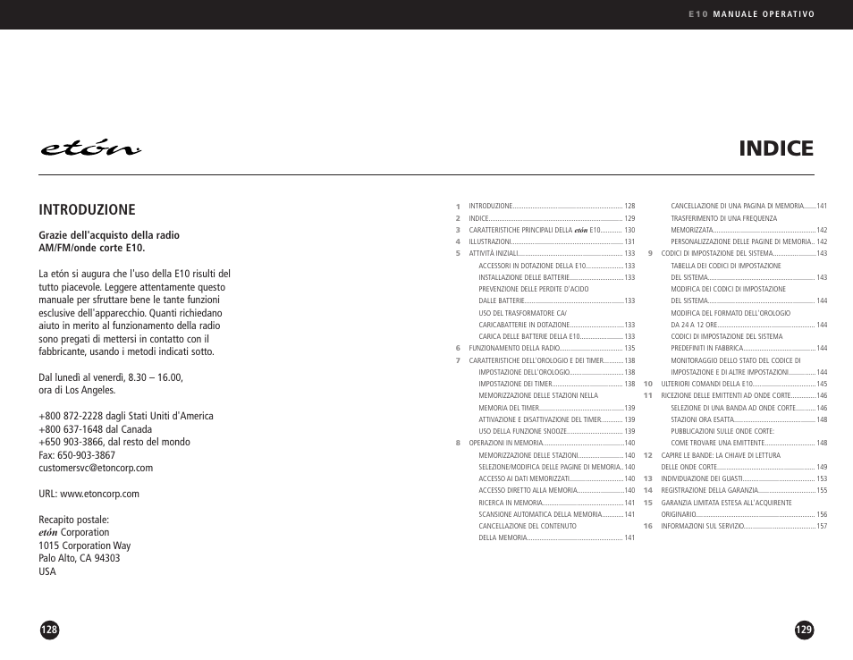 Indice, Introduzione | Eton Elite E10 User Manual | Page 65 / 80
