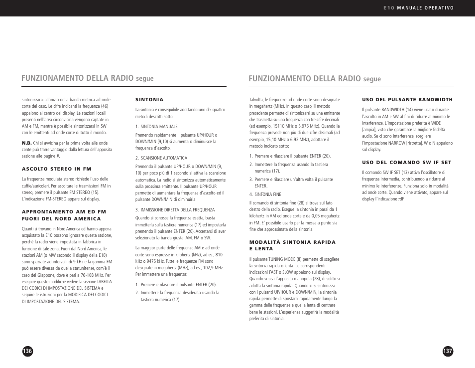 Funzionamento della radio, Segue | Eton Elite E10 User Manual | Page 69 / 80