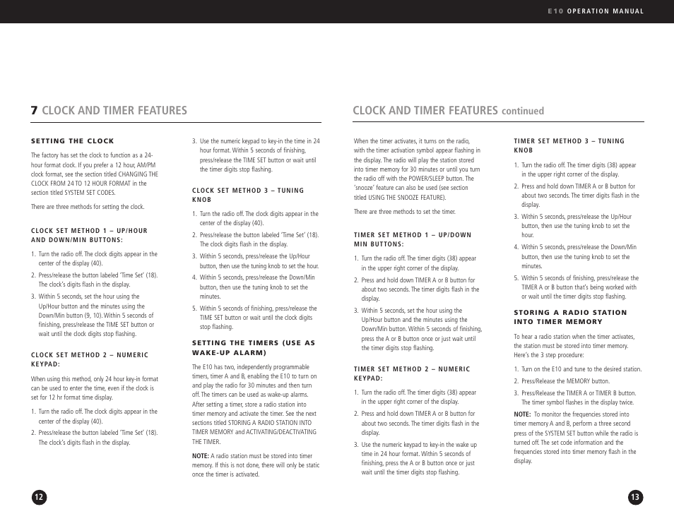 Clock and timer features, 7clock and timer features, Continued | Eton Elite E10 User Manual | Page 7 / 80
